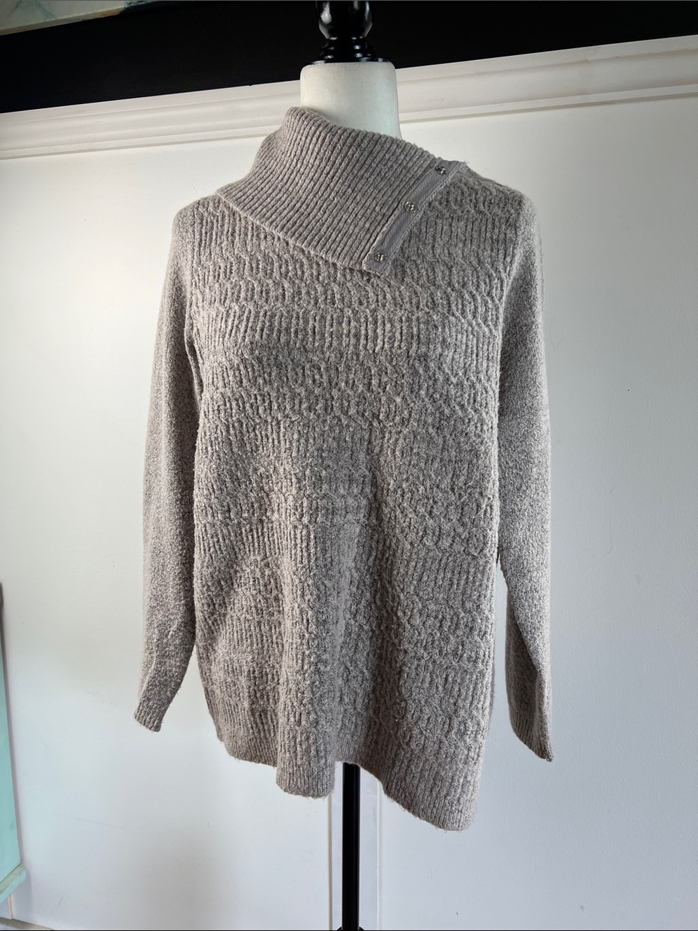 Reitmans Taupe Textured Snap-Collar Turtleneck Sweater